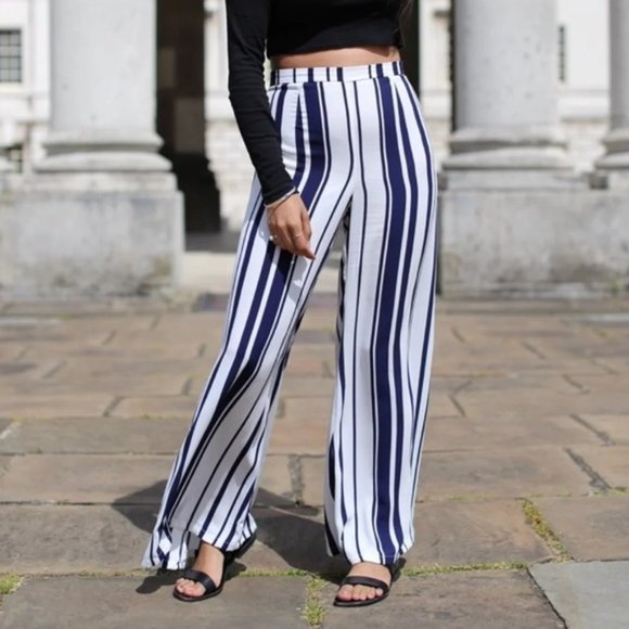 H & M Blue & White Wide Leg high waist Striped Pants sz4 - Picture 1 of 6